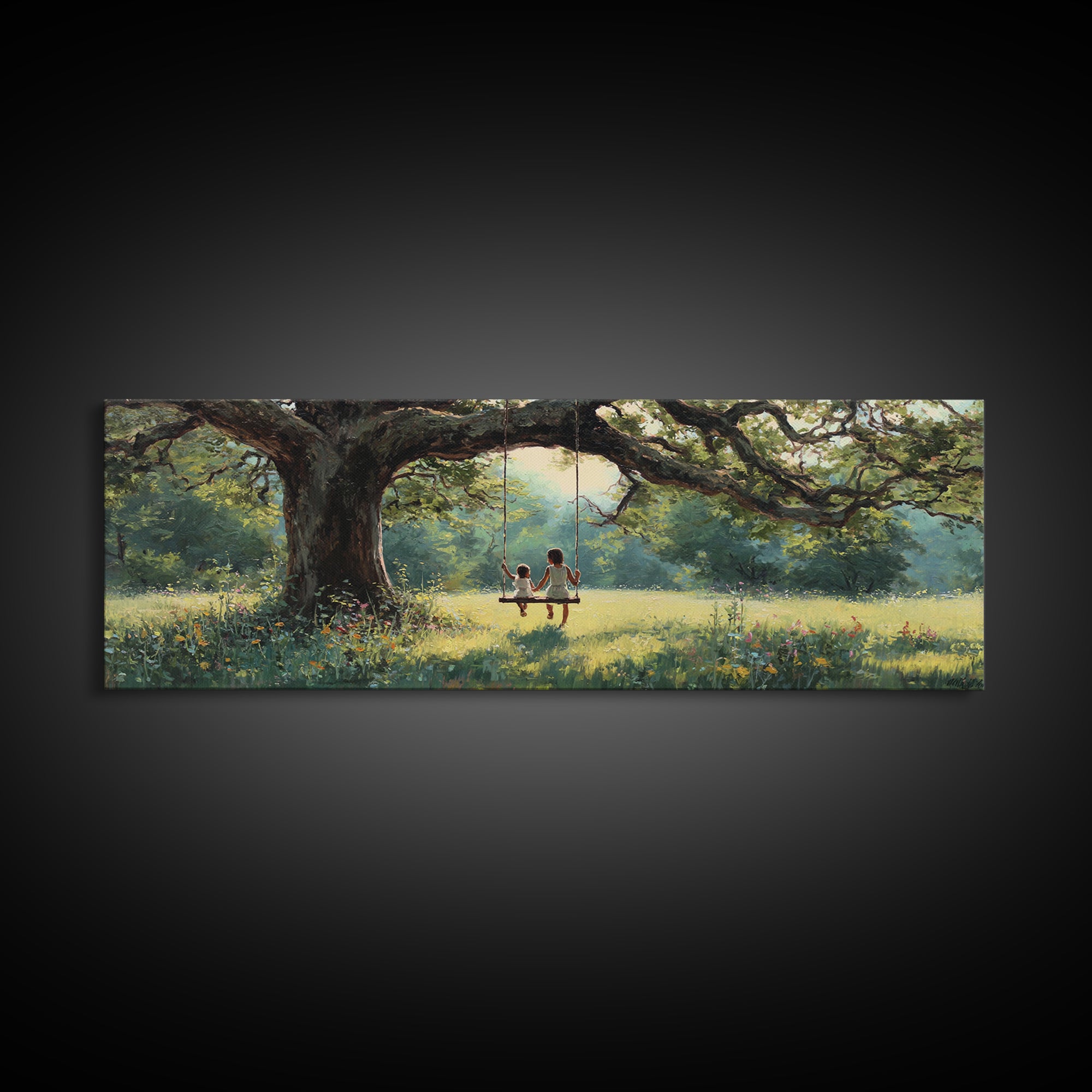 Children On Tree Swing Beneath Ancient Oak Wall Art, Whimsical Nursery Decor, Woodland Kids Room Art, Housewarming Gift Idea