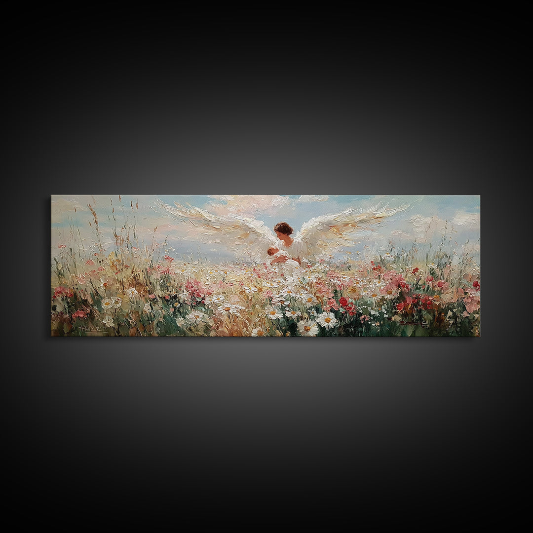 Angel Mother Holding Baby In Floral Meadow Framed Canvas Print, Christian Wall Art, Spiritual Nursery Decor, Gift For Her