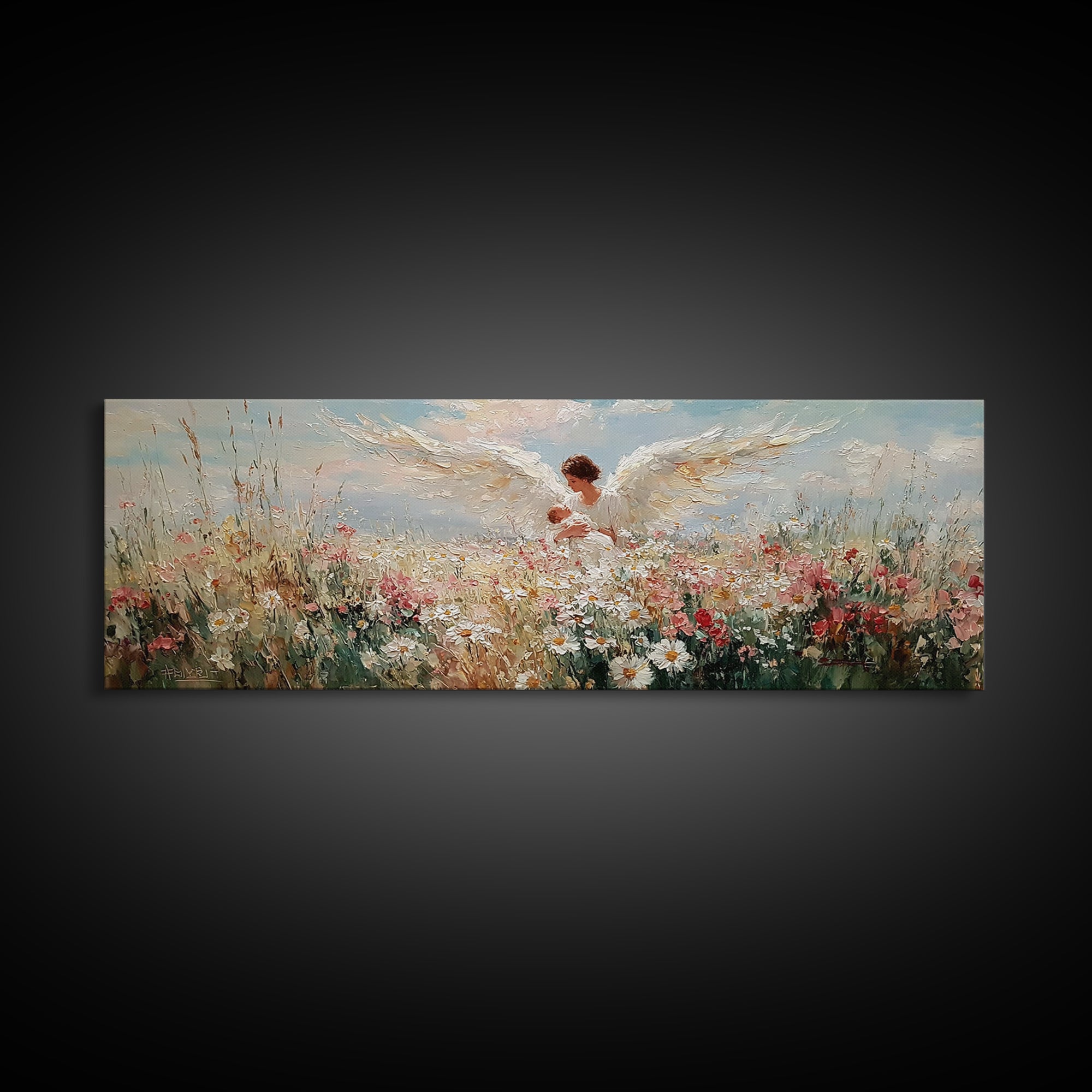 Angel Mother Holding Baby In Floral Meadow Framed Canvas Print, Christian Wall Art, Spiritual Nursery Decor, Gift For Her