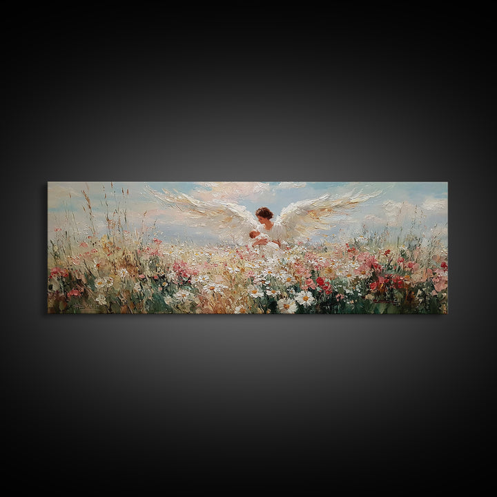 Angel Mother Holding Baby In Floral Meadow Framed Canvas Print, Christian Wall Art, Spiritual Nursery Decor, Gift For Her