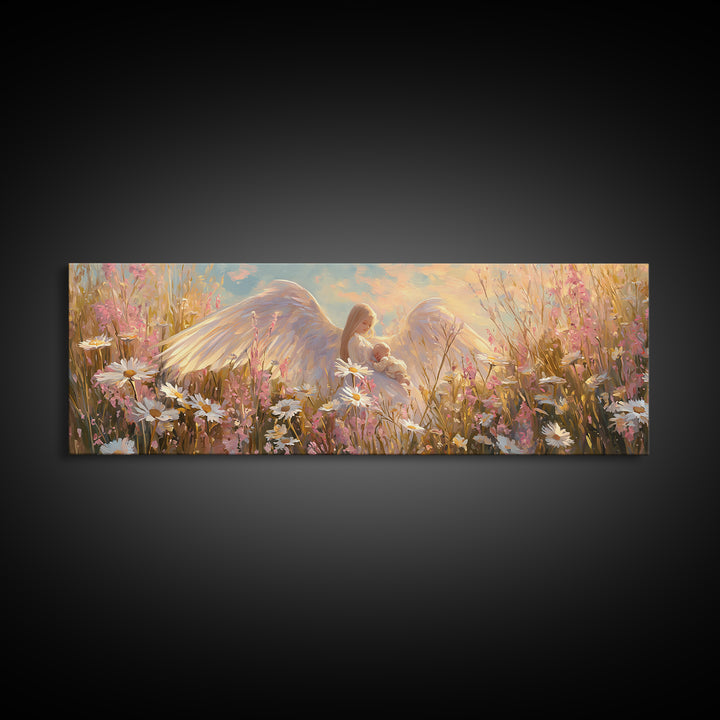 Guardian Angel Cradling Baby In Daisy Field Canvas Print, Christian Nursery Wall Art, Feminine Spiritual Home Decor, Gift For Her