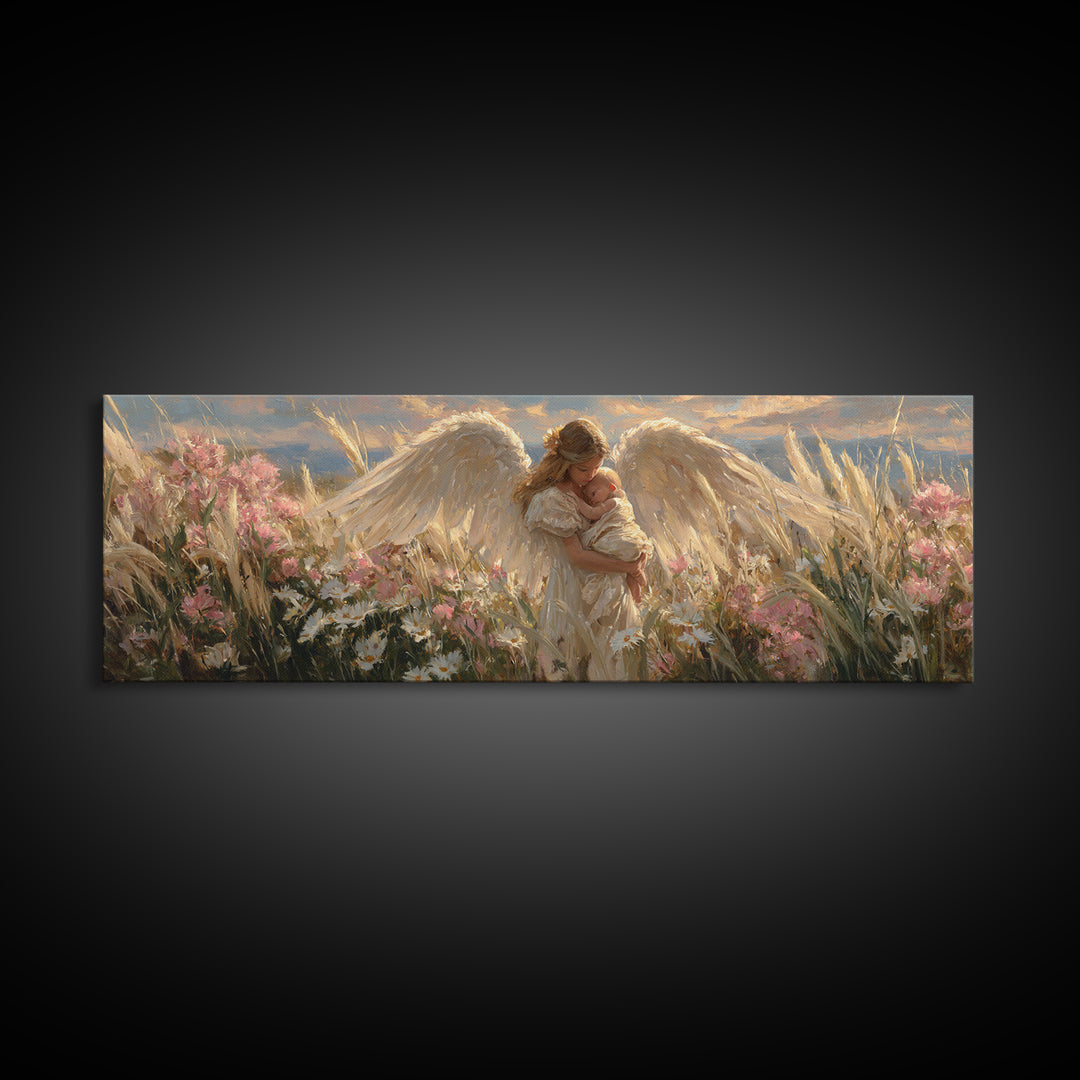 Winged Angel Mother With Newborn At Sunset Wall Art, Christian Home Decor, Romantic Bedroom Art, Housewarming Gift For Mom