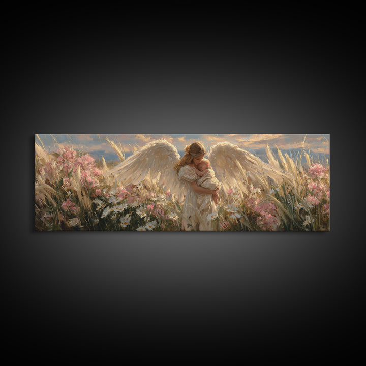 Winged Angel Mother With Newborn At Sunset Wall Art, Christian Home Decor, Romantic Bedroom Art, Housewarming Gift For Mom