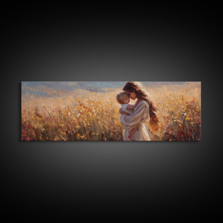 Golden Sunset Mother And Baby In Meadow Canvas Print, Romantic Wall Art, Feminine Bedroom Decor, Housewarming Gift For Her