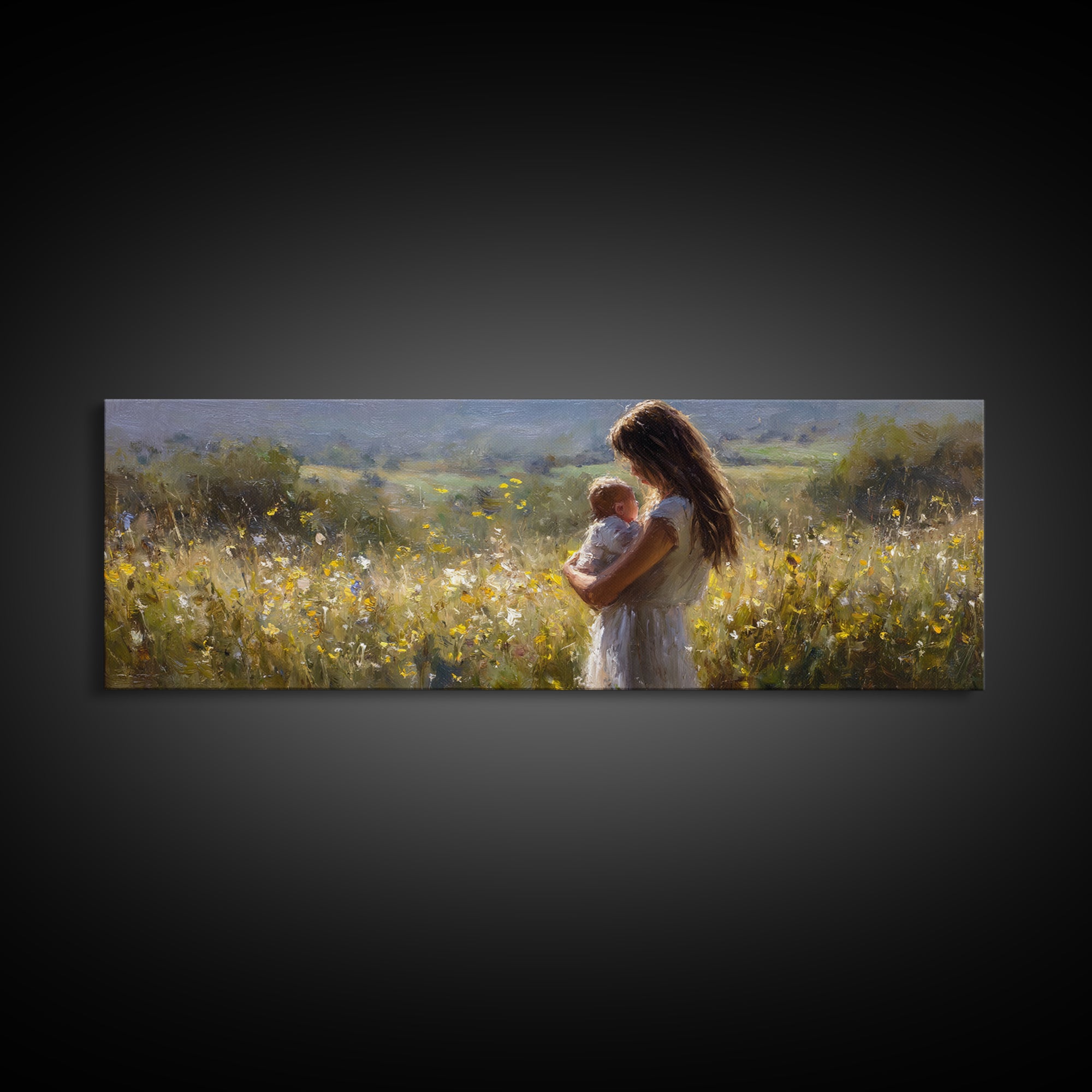 Mother And Baby In Sunlit Wildflower Meadow Wall Art, Impressionist Landscape, Nursery Decor, Gift For Mom, Above Bed Art