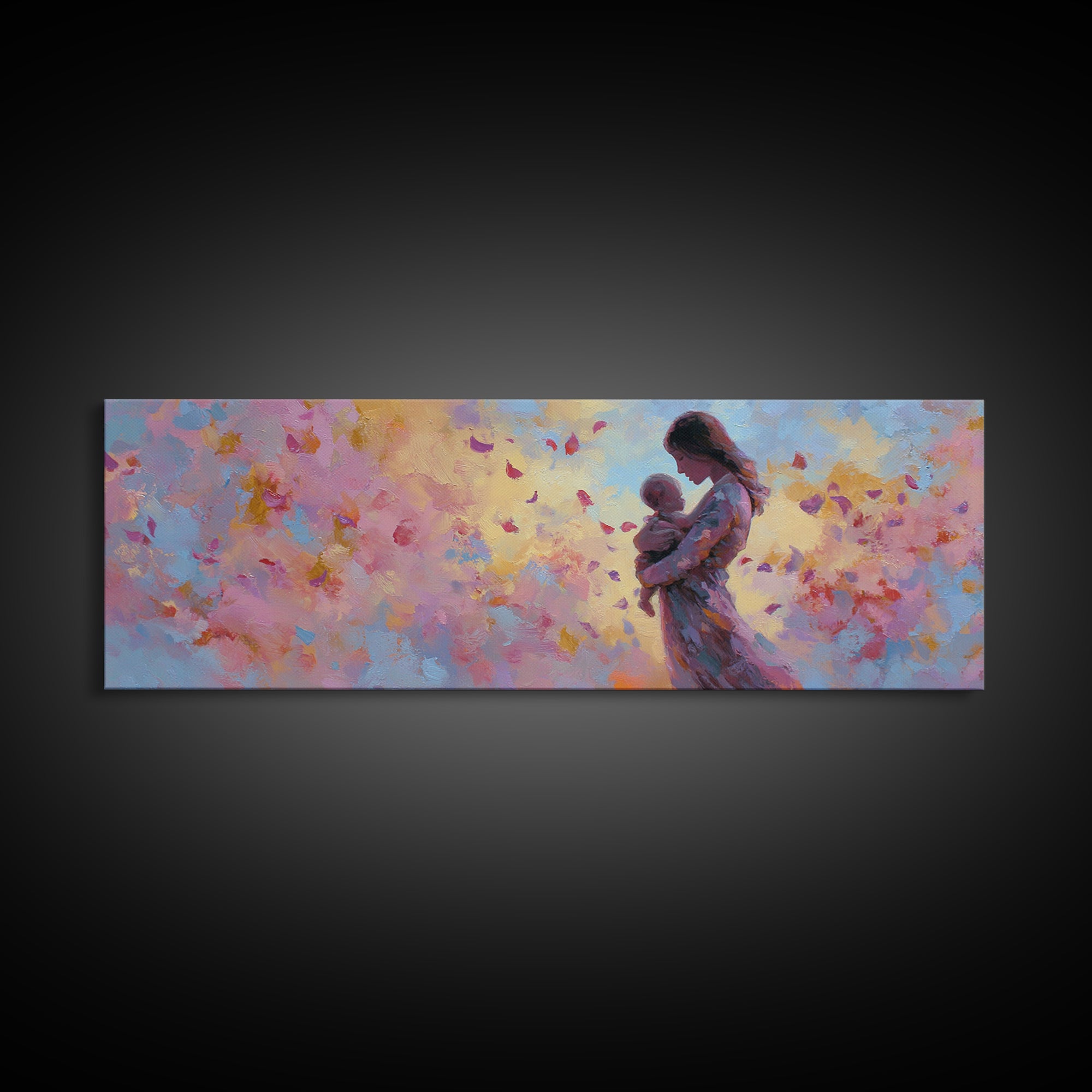 Mother Holding Baby With Pastel Butterflies Canvas Print, Colorful Nursery Wall Art, Feminine Decor, Baby Shower Gift Idea