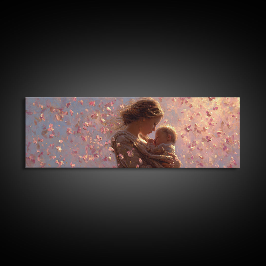 Mother And Baby In Pink Petal Light Canvas Print, Romantic Nursery Wall Art, Feminine Decor, New Mom Gift, Baby Shower Gift