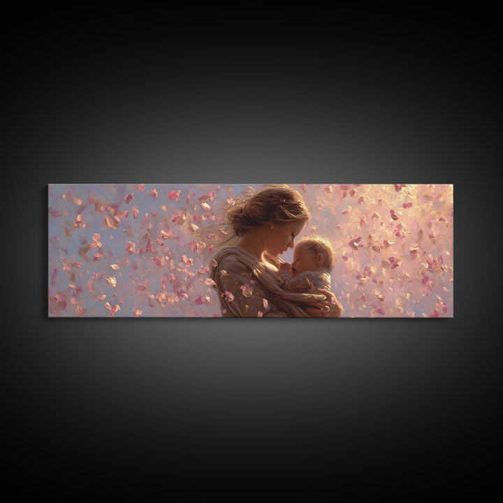 Mother And Baby In Pink Petal Light Canvas Print, Romantic Nursery Wall Art, Feminine Decor, New Mom Gift, Baby Shower Gift