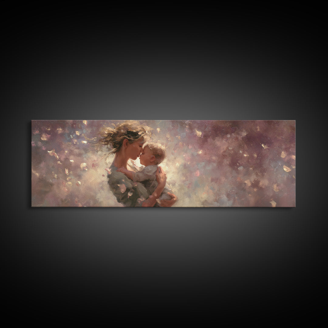 Mother And Baby Embrace In Dreamy Petals Wall Art, Impressionist Canvas Print, Romantic Nursery Decor, Gift For Mom, New Baby Gift