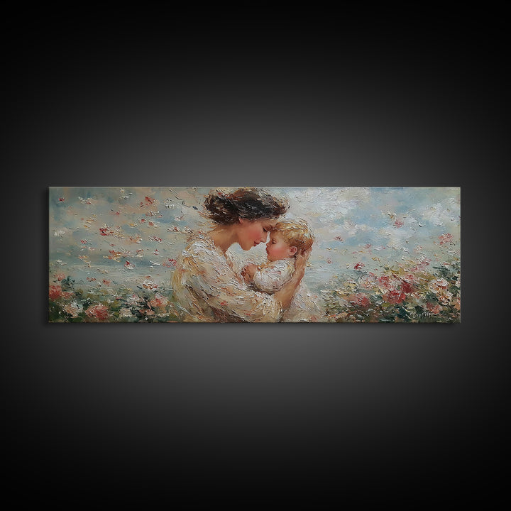 Mother Kissing Baby In Blue Wildflowers Framed Canvas Print, Textured Oil Painting Wall Art, Nursery Decor, New Mom Gift