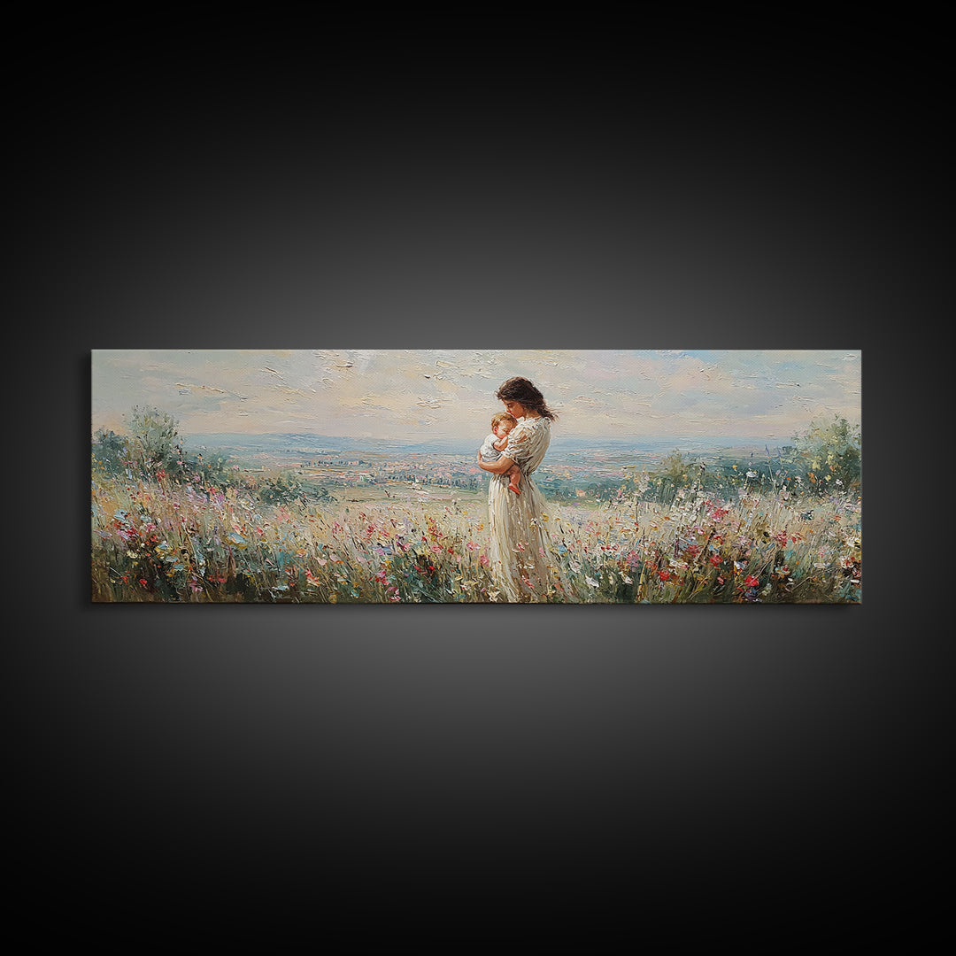 Mother Holding Baby In Hilltop Wildflower Meadow Wall Art, Panoramic Landscape Canvas Print, Nursery Decor, Gift For Mom