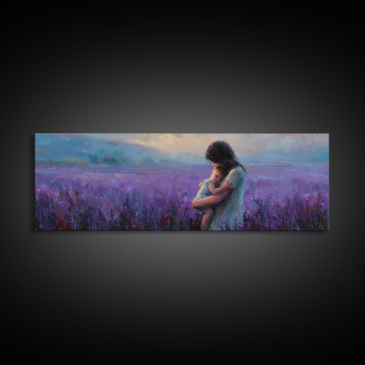 Mother And Baby In Lavender Field Canvas Print, Purple Landscape Wall Art, Calming Nursery Decor, Gift For Mom, New Baby Gift