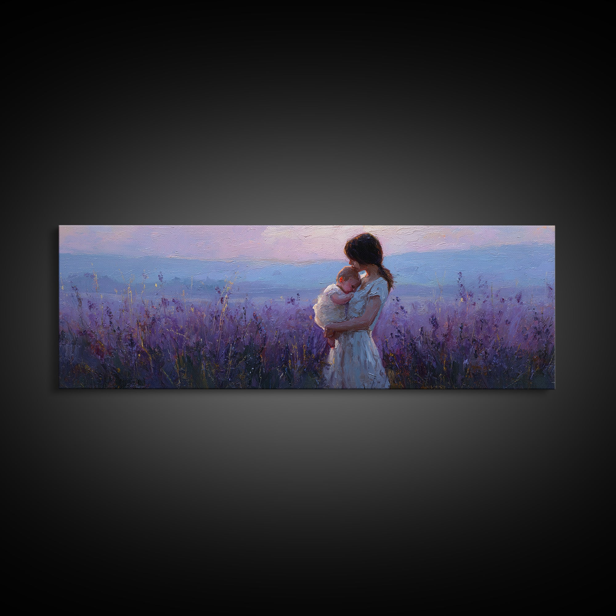 Mother Holding Baby At Lavender Sunset Wall Art, Moody Purple Landscape, Framed Canvas Print, Nursery Decor, Gift For Mom