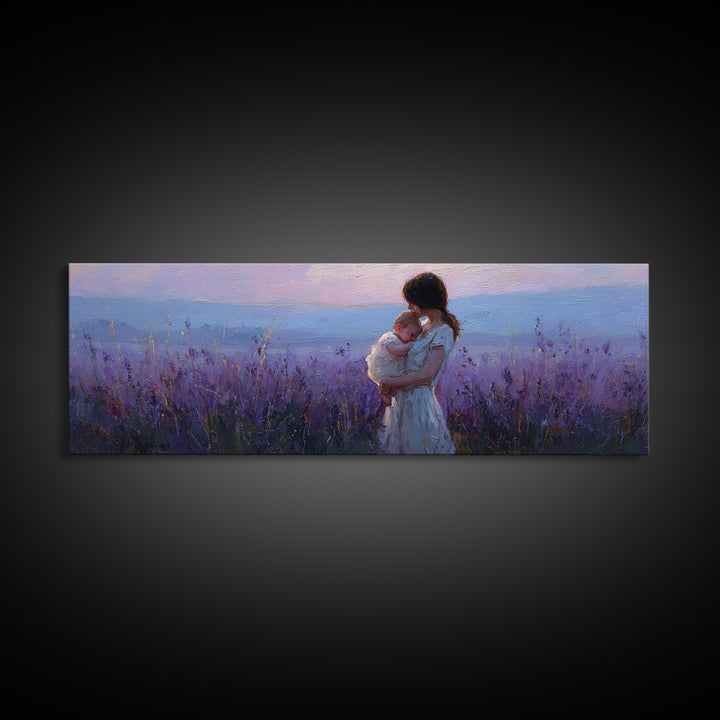 Mother Holding Baby At Lavender Sunset Wall Art, Moody Purple Landscape, Framed Canvas Print, Nursery Decor, Gift For Mom