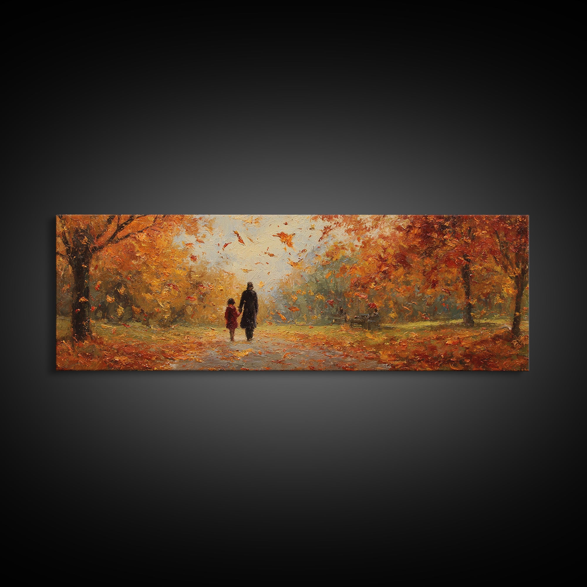 Parent And Child Strolling Golden Autumn Park Wall Art, Large Horizontal Canvas Print, Fall Landscape Decor, Housewarming Gift