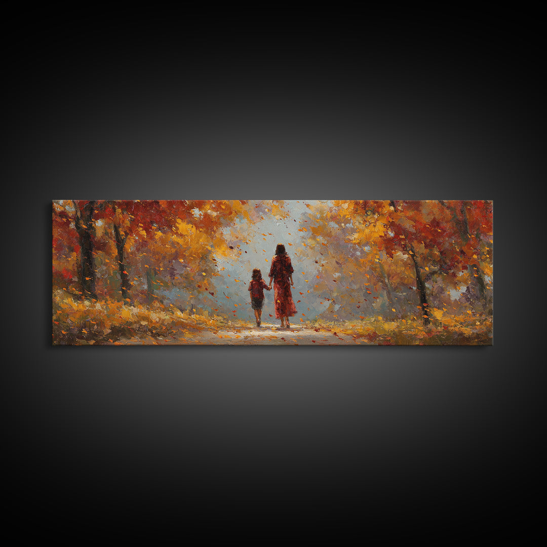 Mother And Daughter On Sunlit Autumn Path Wall Art, Warm Fall Landscape Canvas Print, Cozy Bedroom Decor, Gift For Her, Home Decor