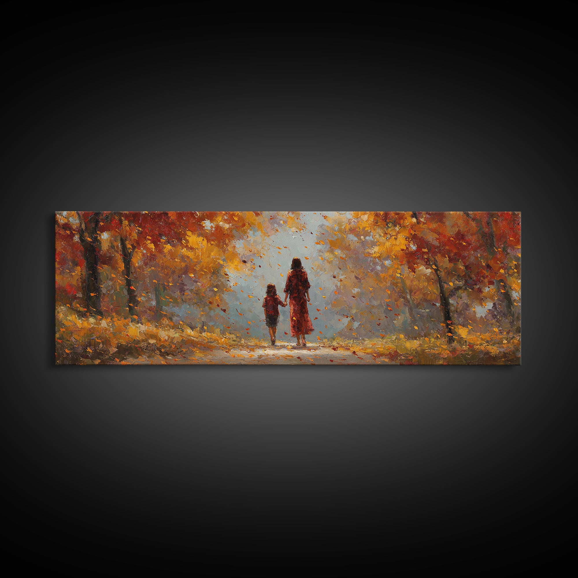 Mother And Daughter On Sunlit Autumn Path Wall Art, Warm Fall Landscape Canvas Print, Cozy Bedroom Decor, Gift For Her, Home Decor