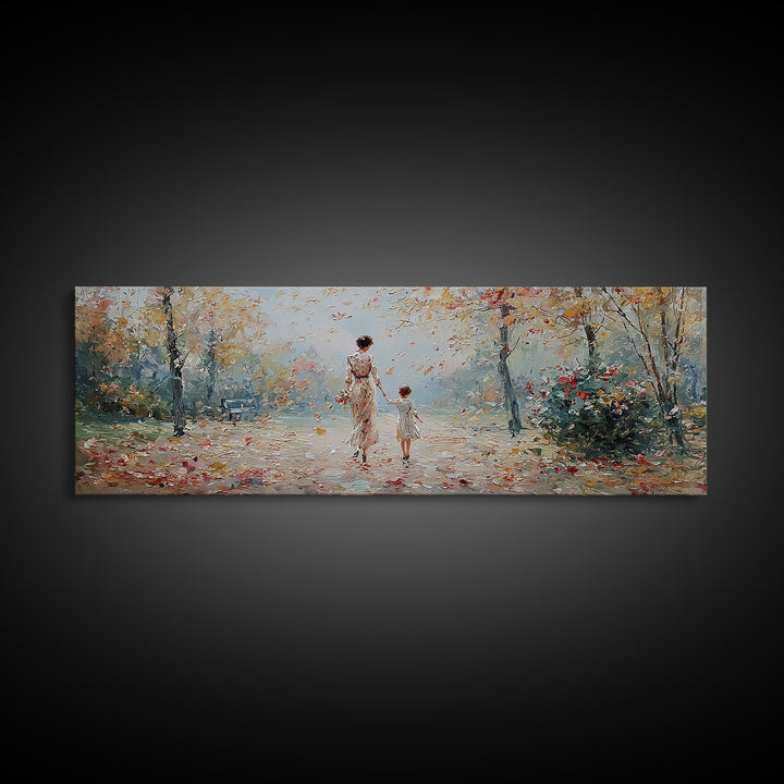 Mother And Child Walking In Soft Autumn Light Wall Art, Impressionist Canvas Print, Tranquil Landscape Decor, Gift For Mom