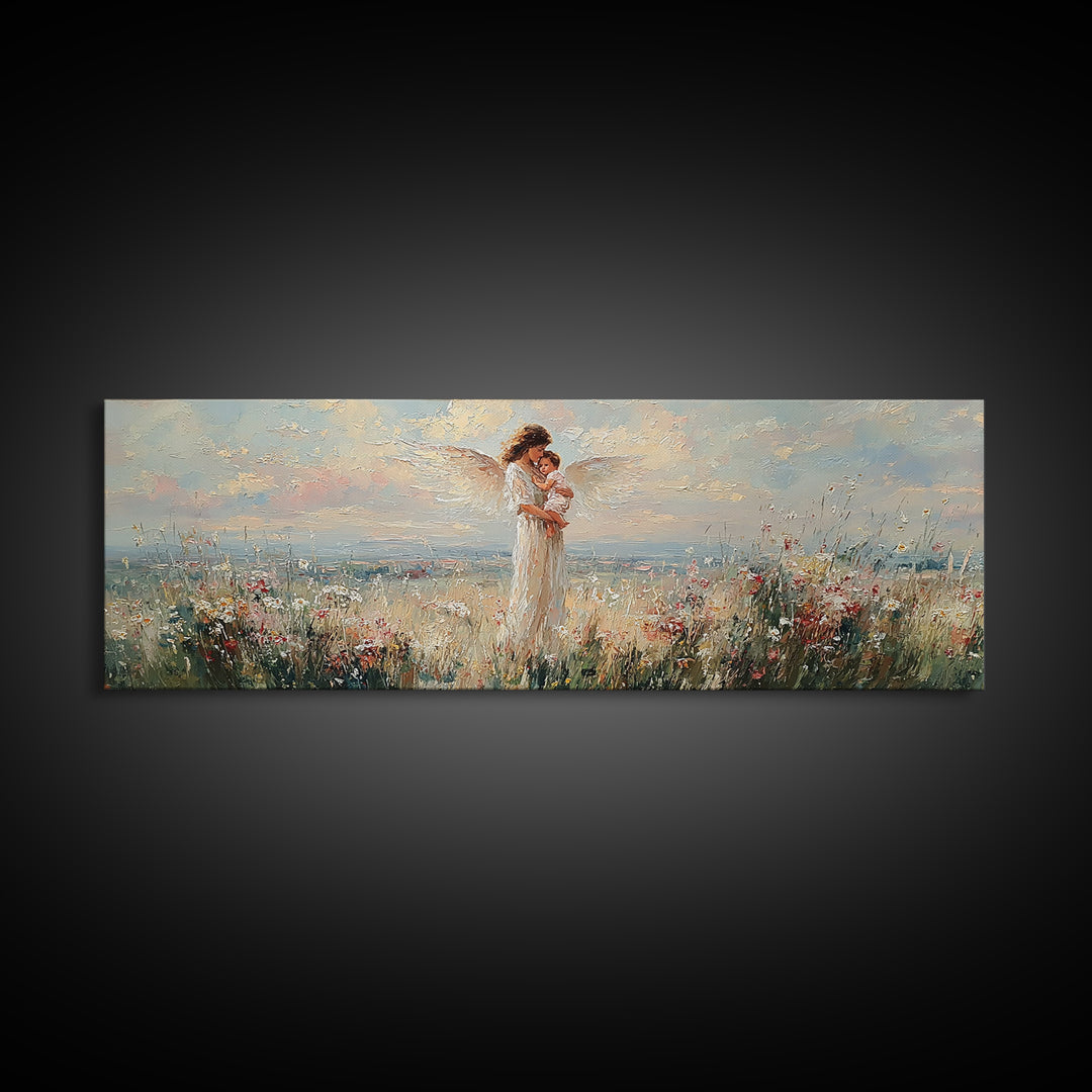 Mother Holding Baby In Blooming Meadow Wall Art, Panoramic Canvas Print, Floral Nursery Decor, Gift For Mom, Above Bed Art