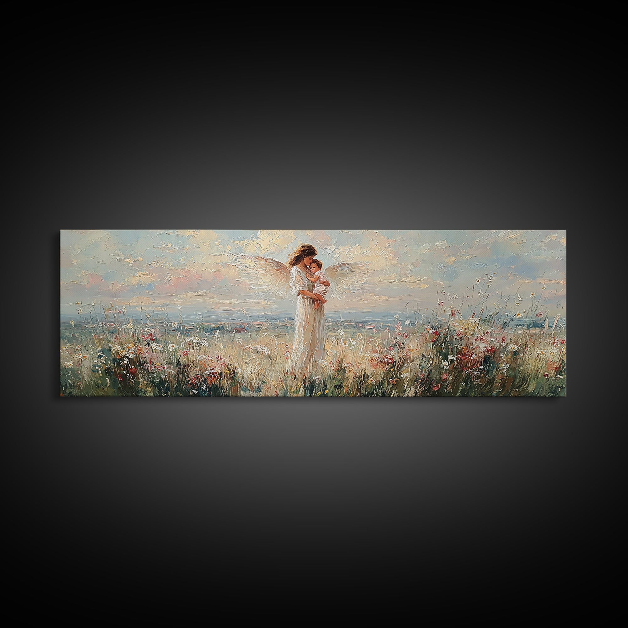 Mother Holding Baby In Blooming Meadow Wall Art, Panoramic Canvas Print, Floral Nursery Decor, Gift For Mom, Above Bed Art