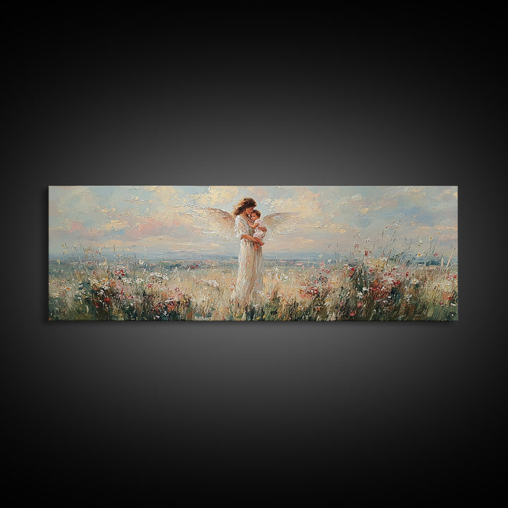 Mother Holding Baby In Blooming Meadow Wall Art, Panoramic Canvas Print, Floral Nursery Decor, Gift For Mom, Above Bed Art