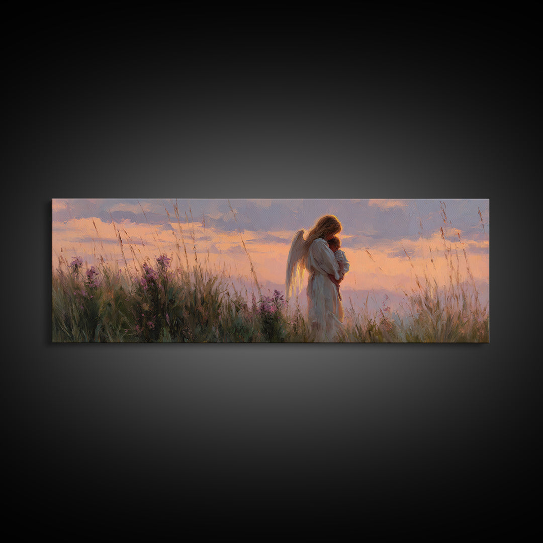 Guardian Angel Holding Child At Sunset Wall Art, Spiritual Framed Canvas Print, Christian Nursery Decor, Baby Gift, Home Decor