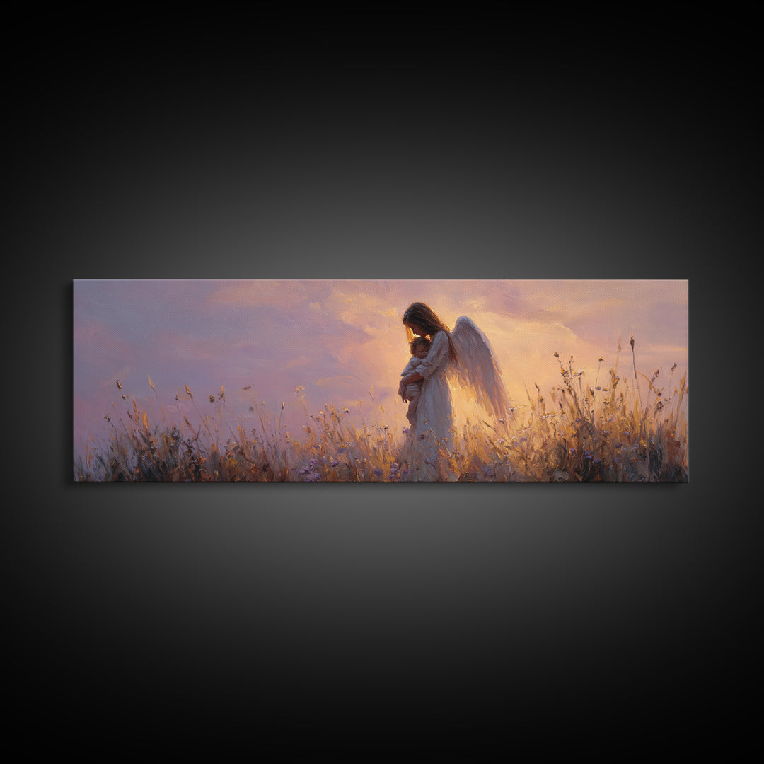 Guardian Angel Cradling Child In Golden Meadow Wall Art, Celestial Canvas Print, Spiritual Nursery Decor, Christian Gift