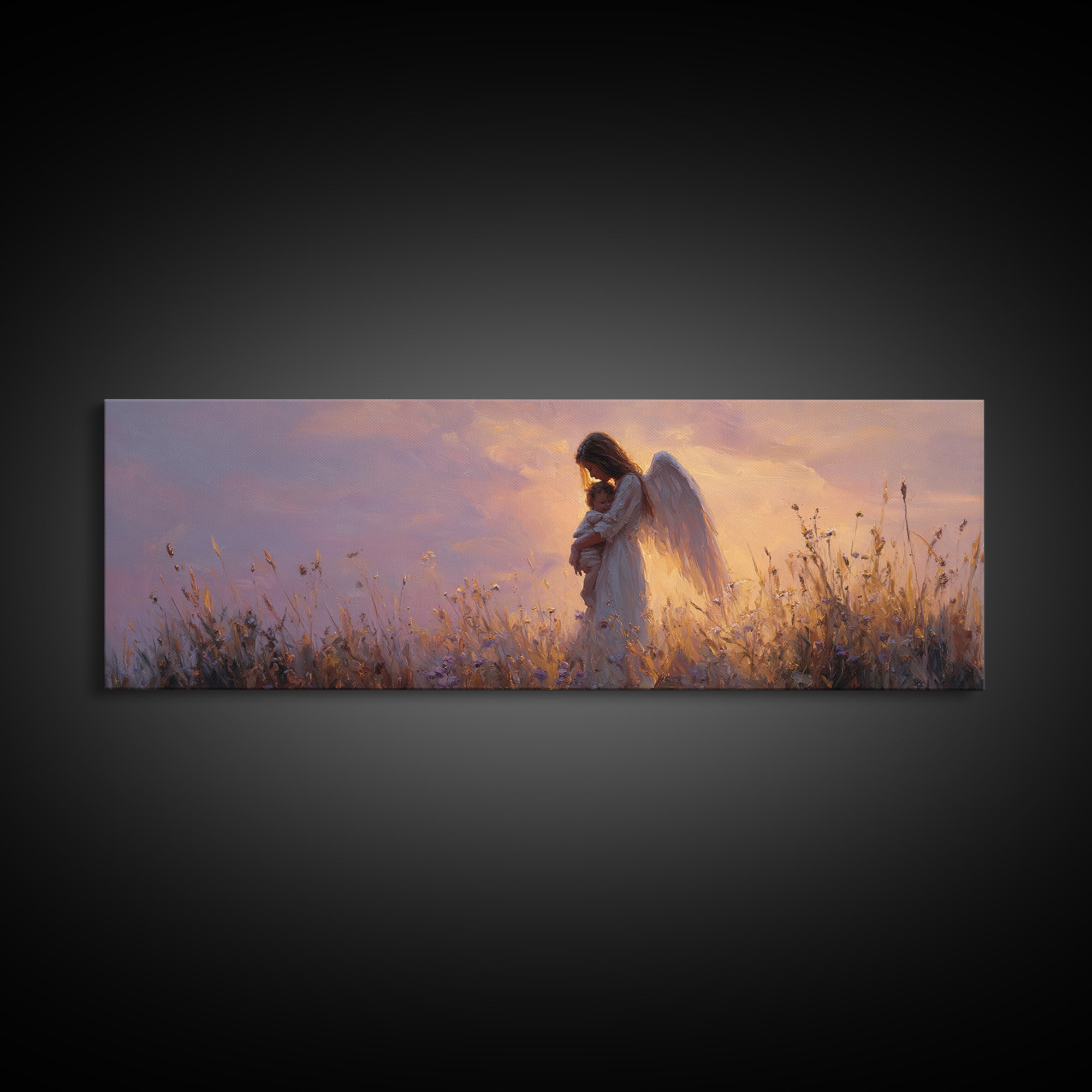 Guardian Angel Cradling Child In Golden Meadow Wall Art, Celestial Canvas Print, Spiritual Nursery Decor, Christian Gift