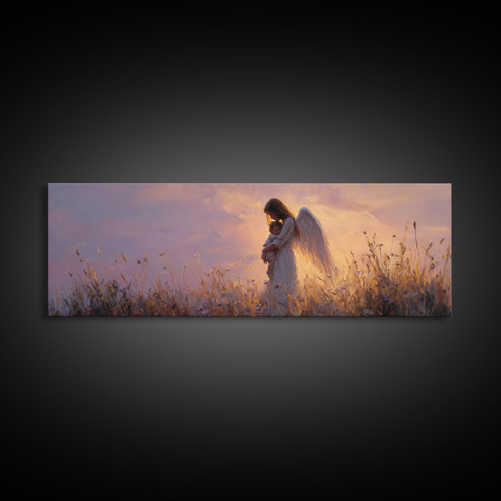 Guardian Angel Cradling Child In Golden Meadow Wall Art, Celestial Canvas Print, Spiritual Nursery Decor, Christian Gift