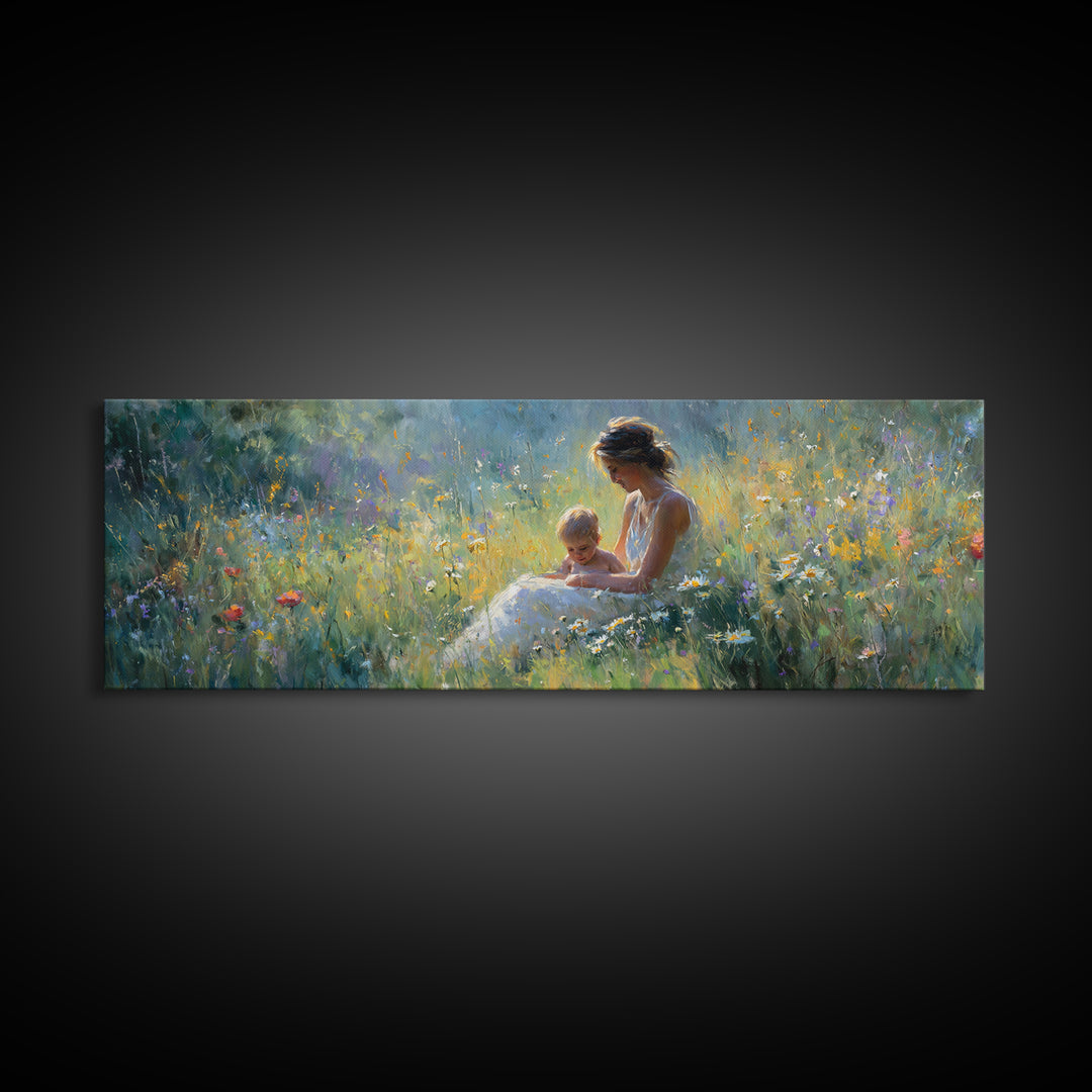 Sunlit Mother And Baby Meadow Wall Art, Impressionist Wildflower Landscape Print, Nursery Decor, Above Bed Canvas Home Decor