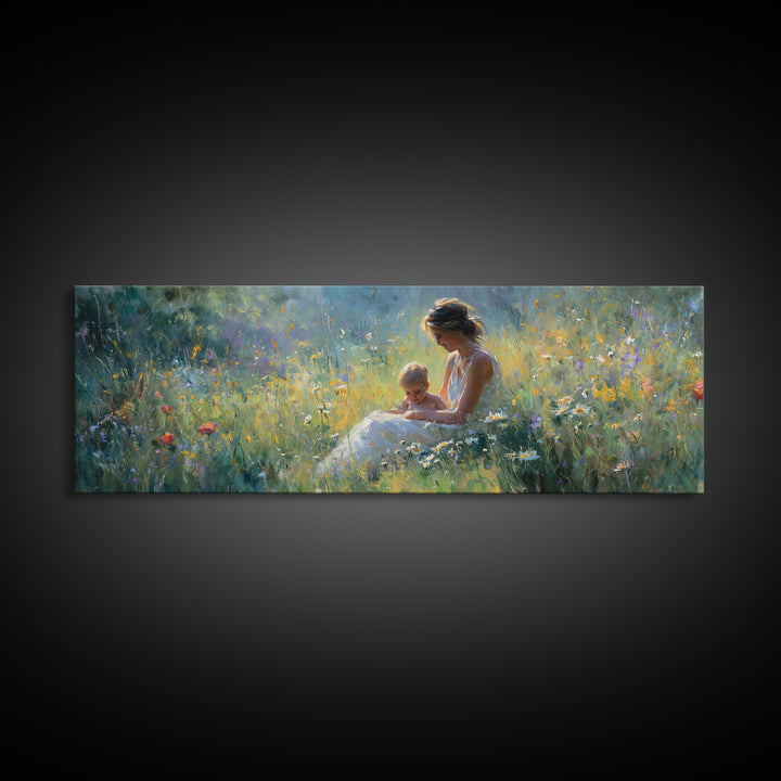 Sunlit Mother And Baby Meadow Wall Art, Impressionist Wildflower Landscape Print, Nursery Decor, Above Bed Canvas Home Decor