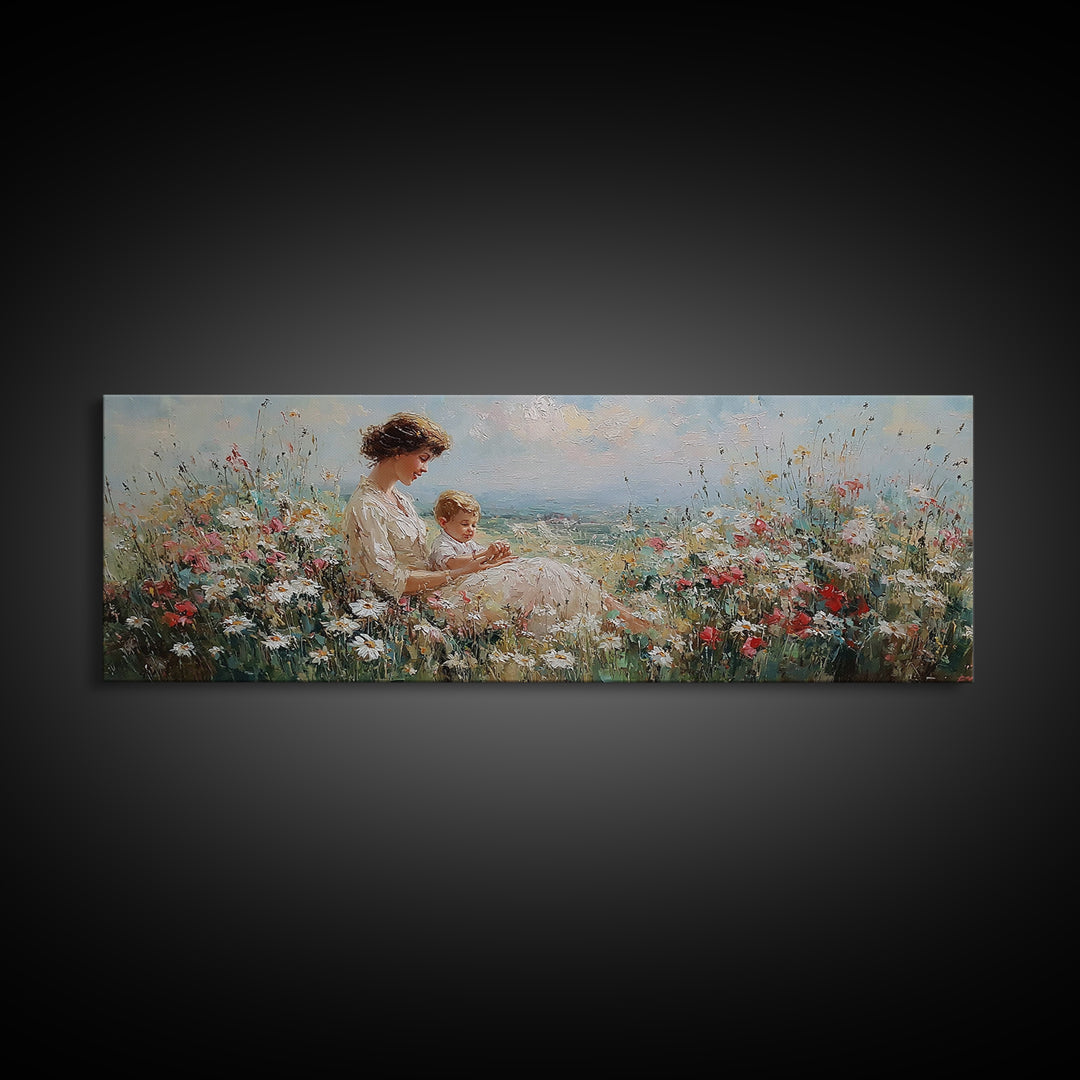 Mother And Child By The Sea Framed Canvas Print, Impressionist Wildflower Meadow, Coastal Nursery Wall Decor, Gift For Her