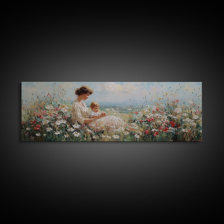 Mother And Child By The Sea Framed Canvas Print, Impressionist Wildflower Meadow, Coastal Nursery Wall Decor, Gift For Her
