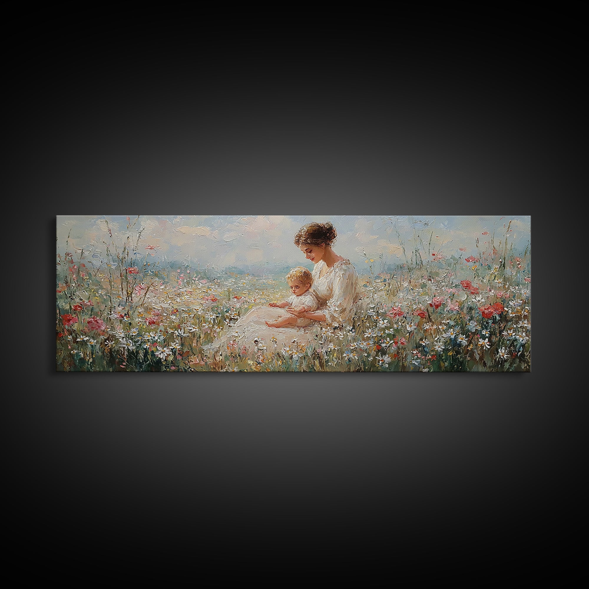 Sunlit Mother And Baby Wildflower Canvas Print, Impressionist Meadow Landscape, Feminine Nursery Wall Art Home Decor, Gift For Her