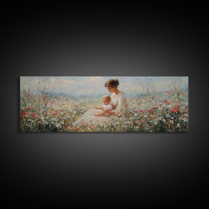 Sunlit Mother And Baby Wildflower Canvas Print, Impressionist Meadow Landscape, Feminine Nursery Wall Art Home Decor, Gift For Her