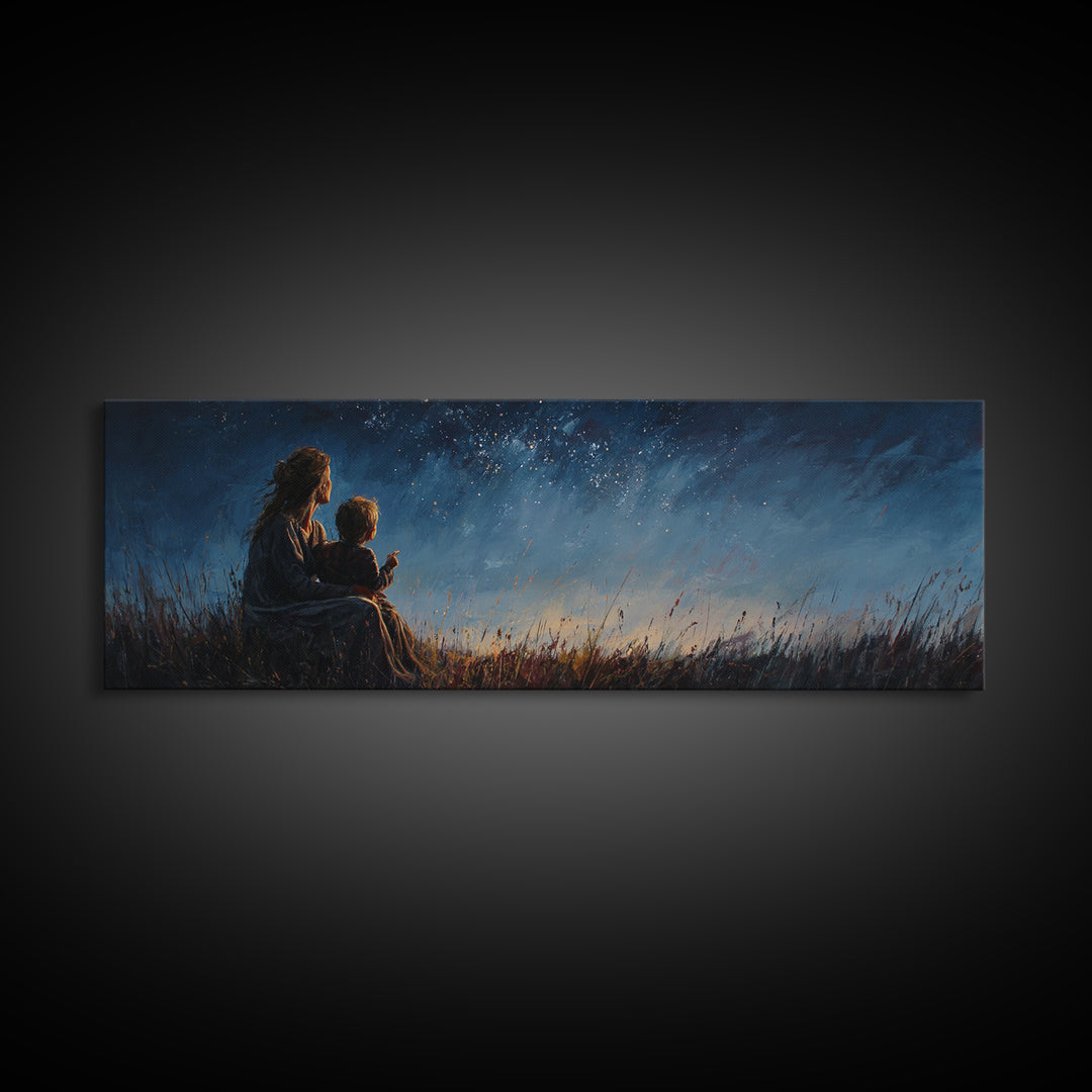 Mother And Child Under Starry Sky Wall Art, Moody Night Meadow Painting, Celestial Nursery Decor, Blue Bedroom Art, Gift For Mom