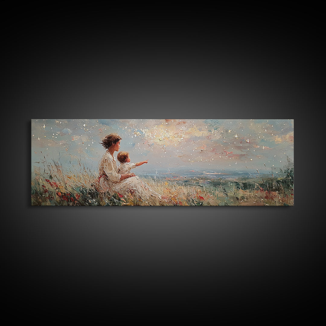 Mother And Child Pointing At Sunlit Sky Framed Canvas Print, Wildflower Meadow Landscape, Nursery Wall Art, Gift For Her