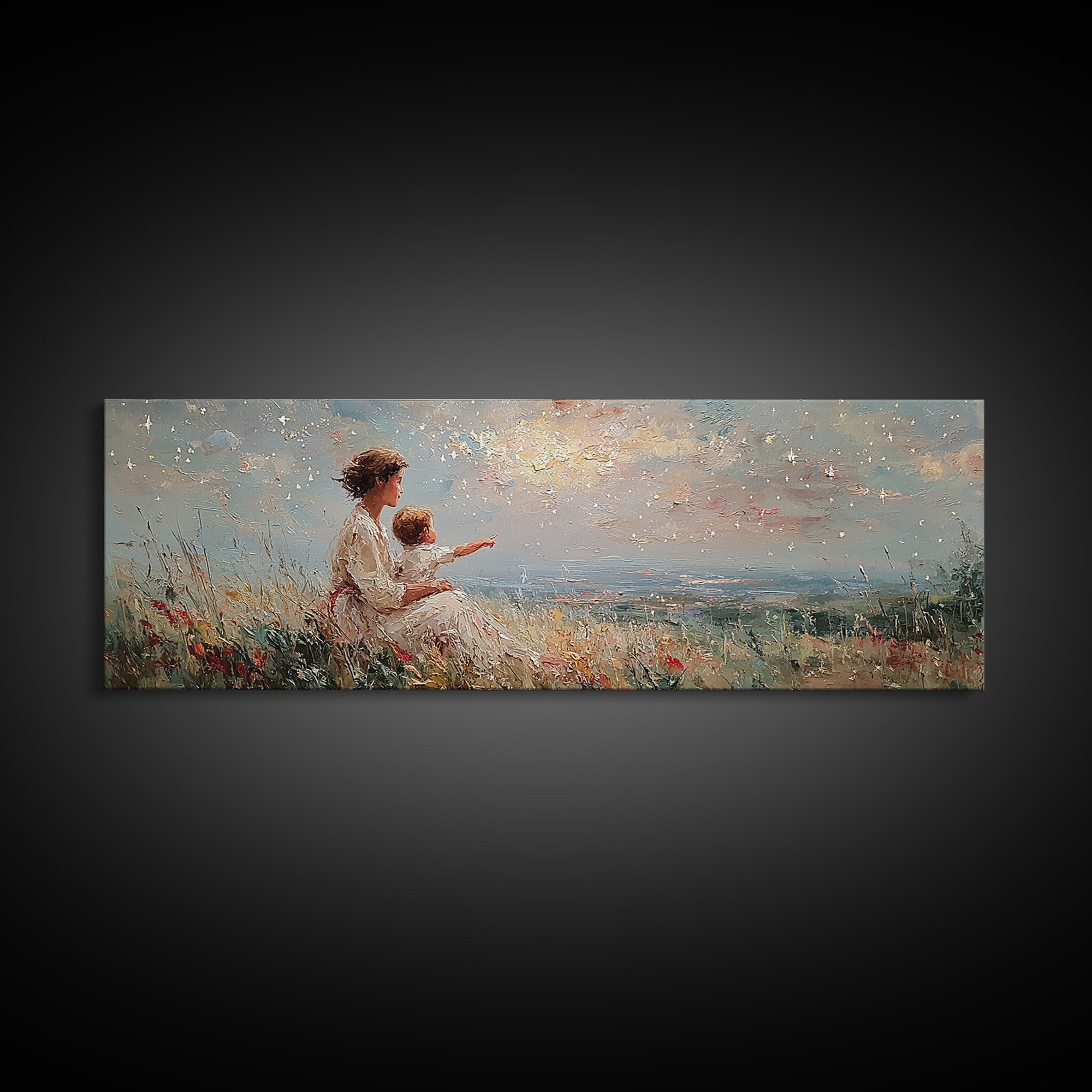 Mother And Child Pointing At Sunlit Sky Framed Canvas Print, Wildflower Meadow Landscape, Nursery Wall Art, Gift For Her