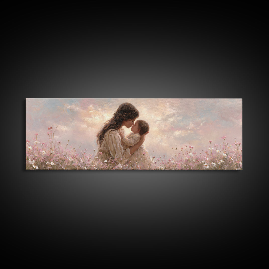 Tender Mother And Baby Kiss Canvas Print, Soft Pink Wildflower Meadow Painting, Nursery Wall Art, Feminine Home Decor, Gift For Mom