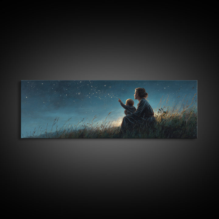 Mother And Child Stargazing Canvas Print, Blue Night Meadow Wall Art, Celestial Nursery Decor, Above Bed Art, Gift For Mom