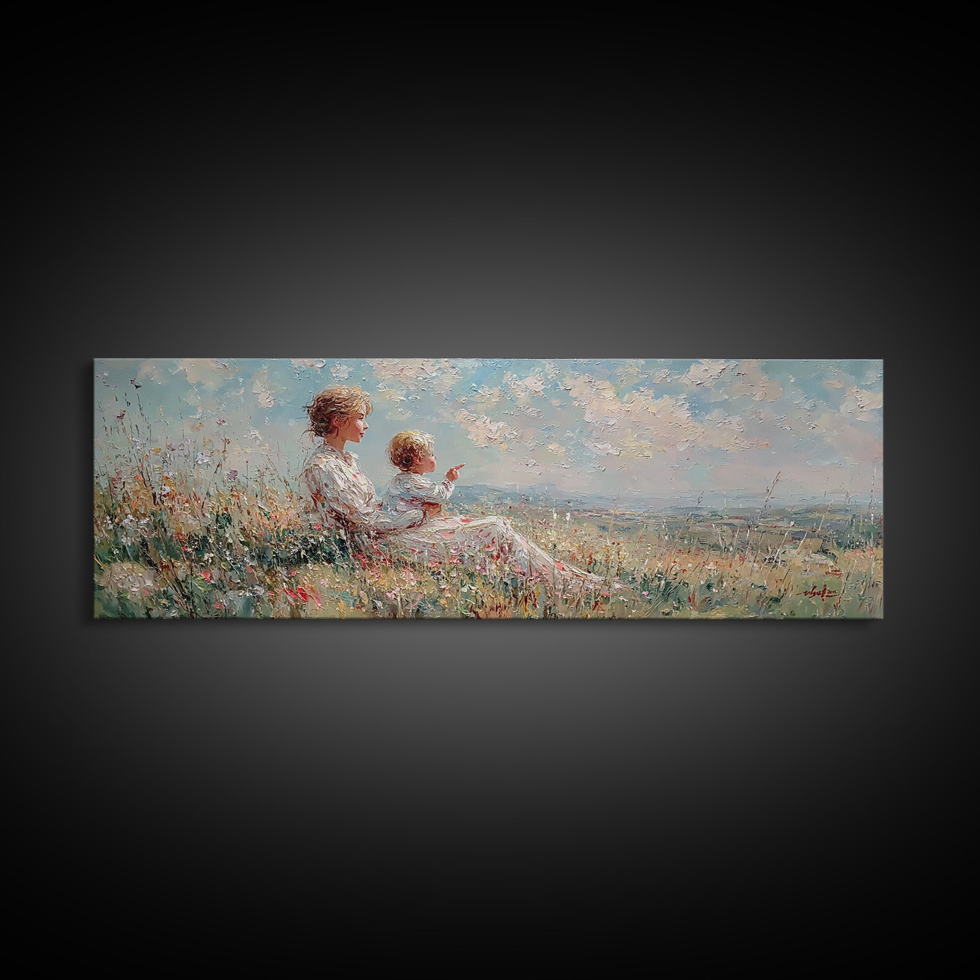 Mother And Child On Sunny Hill Framed Canvas Print, Impressionist Wildflower Landscape, Panoramic Wall Art, Nursery Decor