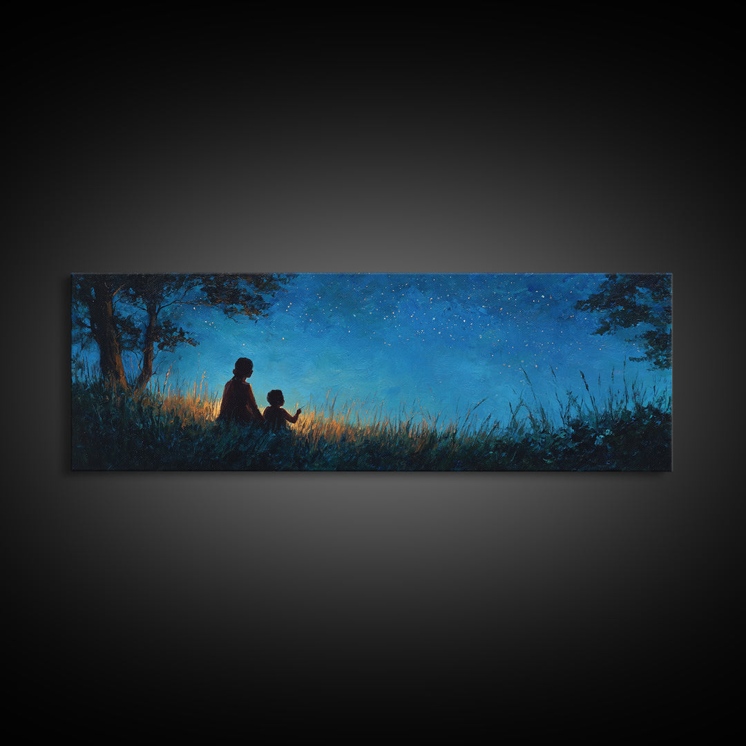 Silhouette Mother And Child Under Stars Wall Art, Moody Blue Night Landscape, Celestial Nursery Decor, Rustic Home Decor