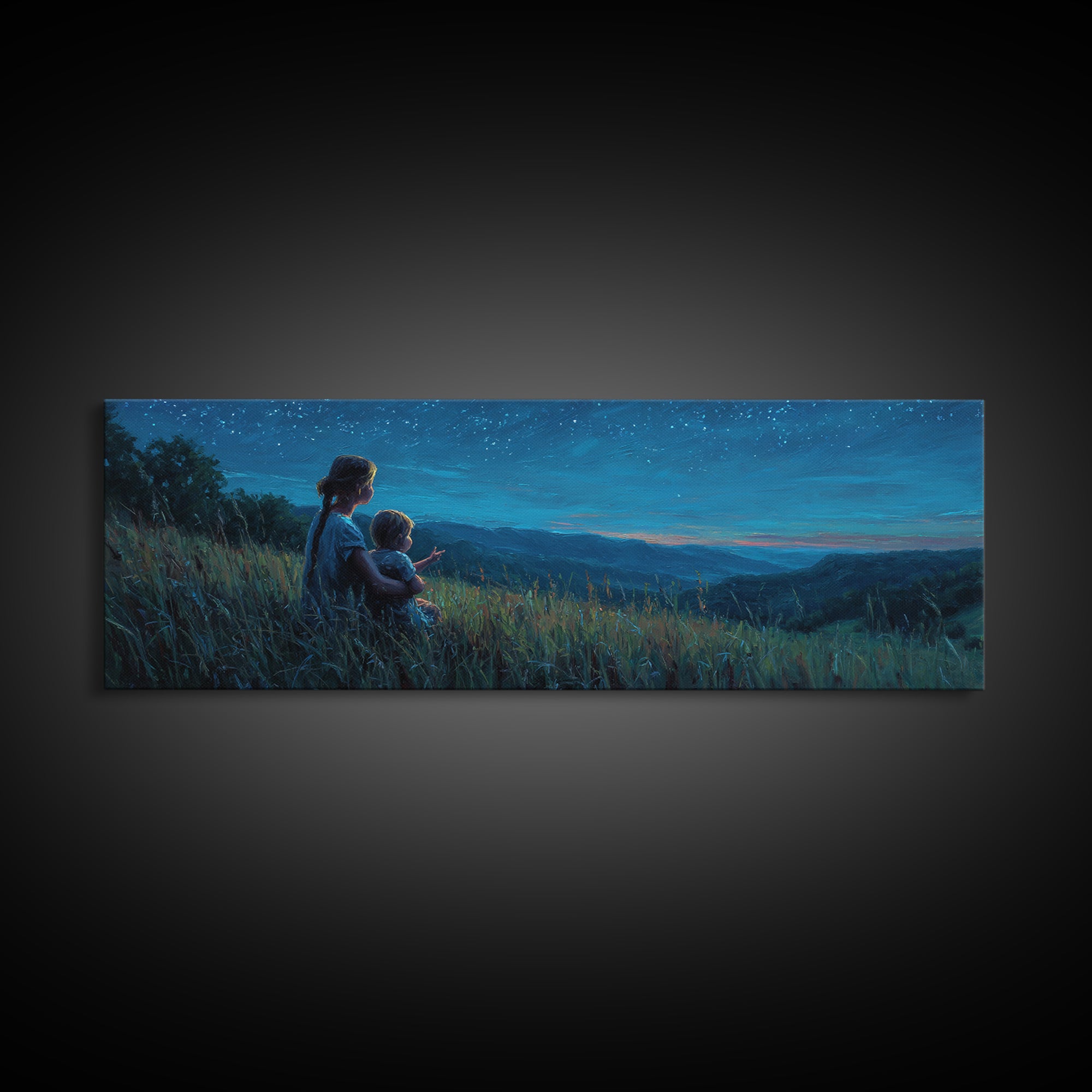 Mother And Child Over Moonlit Valley Canvas Print, Starry Blue Mountain Landscape Wall Art, Above Bed Decor, Gift For Her