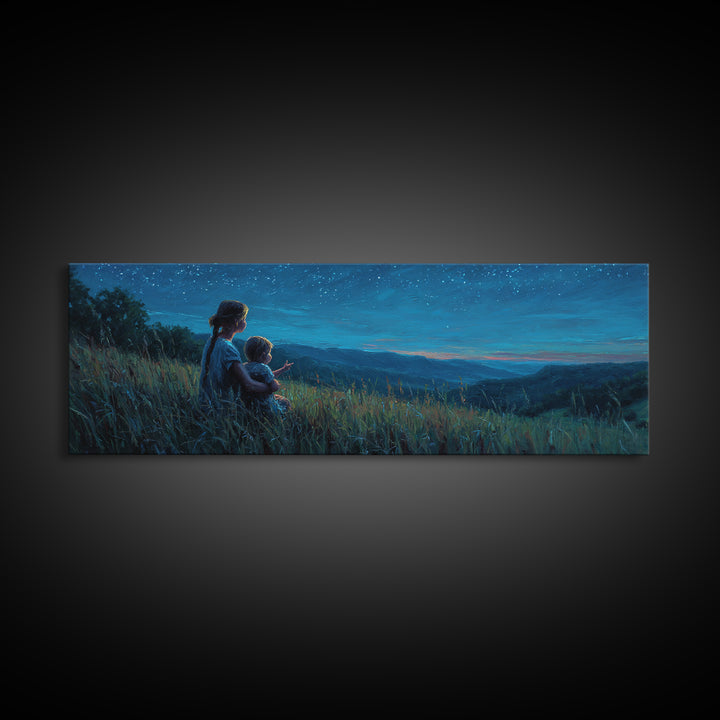 Mother And Child Over Moonlit Valley Canvas Print, Starry Blue Mountain Landscape Wall Art, Above Bed Decor, Gift For Her