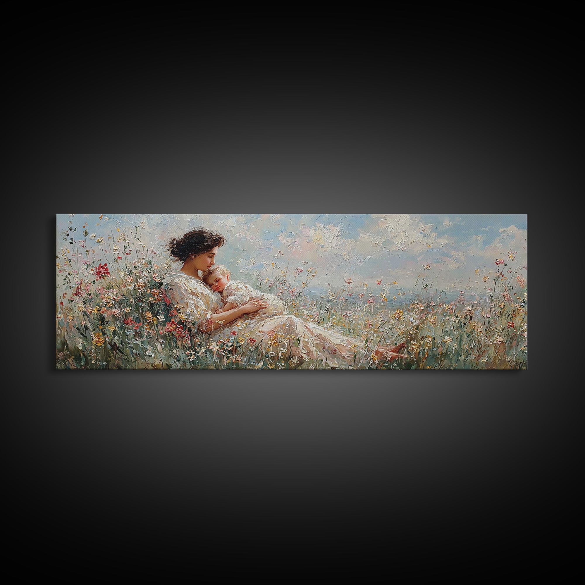 Mother And Baby In Wildflower Meadow Wall Art, Impressionist Nursery Decor, Floral Canvas Art, Gift For Mom, Bedroom Decor