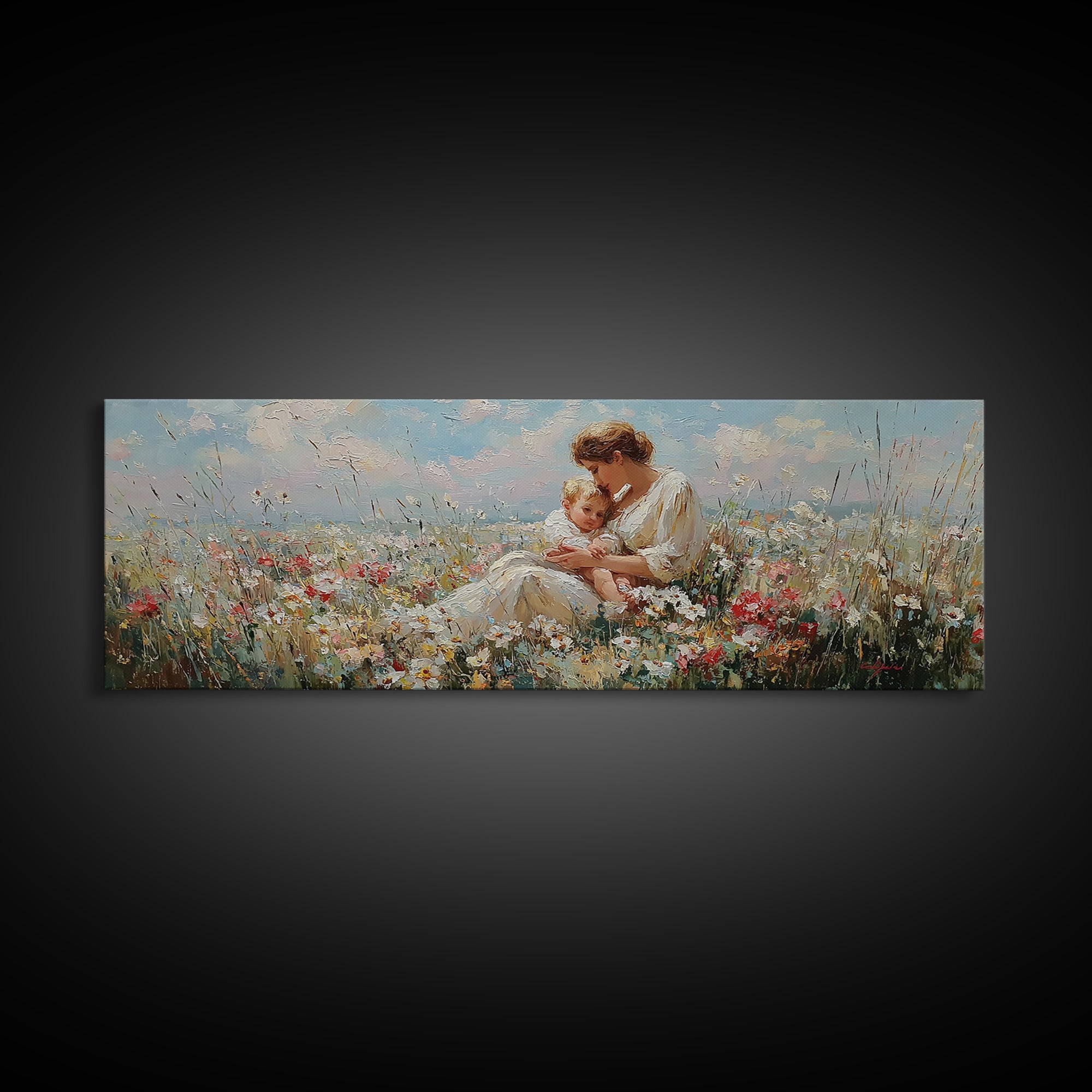 Mother And Child In Sunlit Flower Field Framed Canvas Print, Impressionist Nursery Wall Decor, Floral Art, Gift For Mom