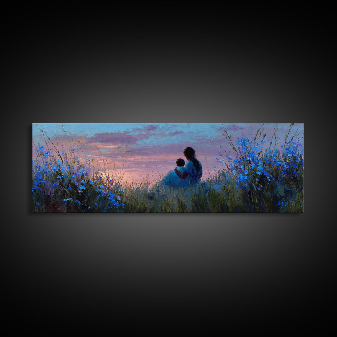 Mother And Child Silhouette At Sunset Canvas Print, Blue Meadow Wall Decor, Calming Nursery Art, Romantic Bedroom Wall Art