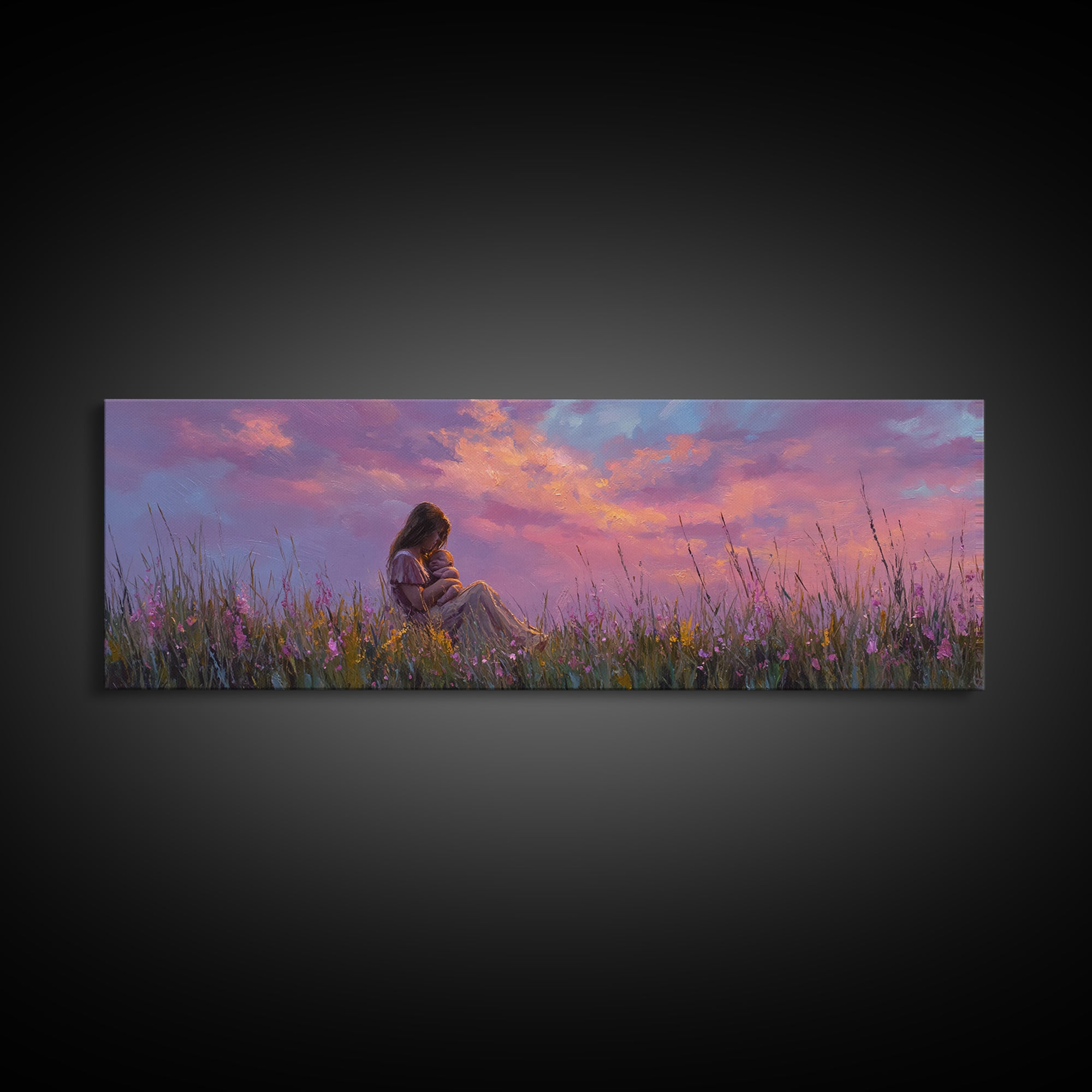 Expectant Mother In Twilight Wildflower Meadow Wall Art, Pink Sunset Canvas Print, Feminine Nursery Decor, Gift For New Mom