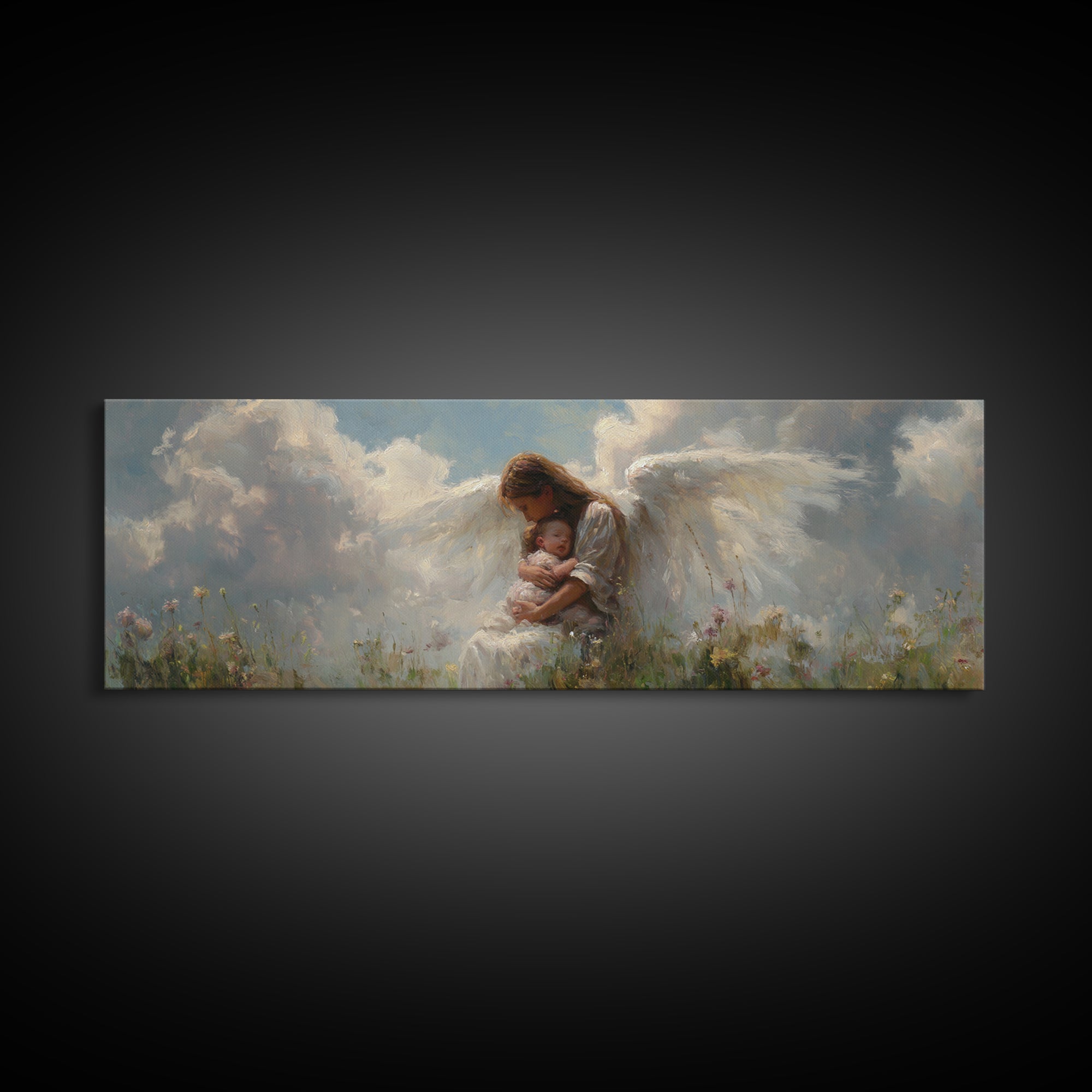 Angel Mother Cradling Baby In Cloudy Meadow Framed Canvas Print, Spiritual Nursery Wall Decor, Ethereal Art, Gift For Mom