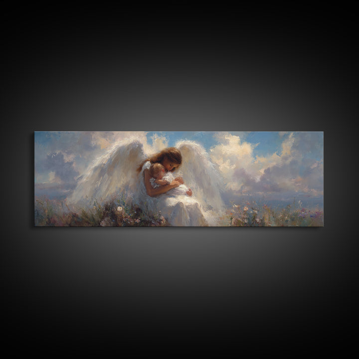 Guardian Angel Mother Kissing Baby In Wildflower Meadow Canvas Print, Spiritual Wall Art, Nursery Decor, Angel Gift For Mom
